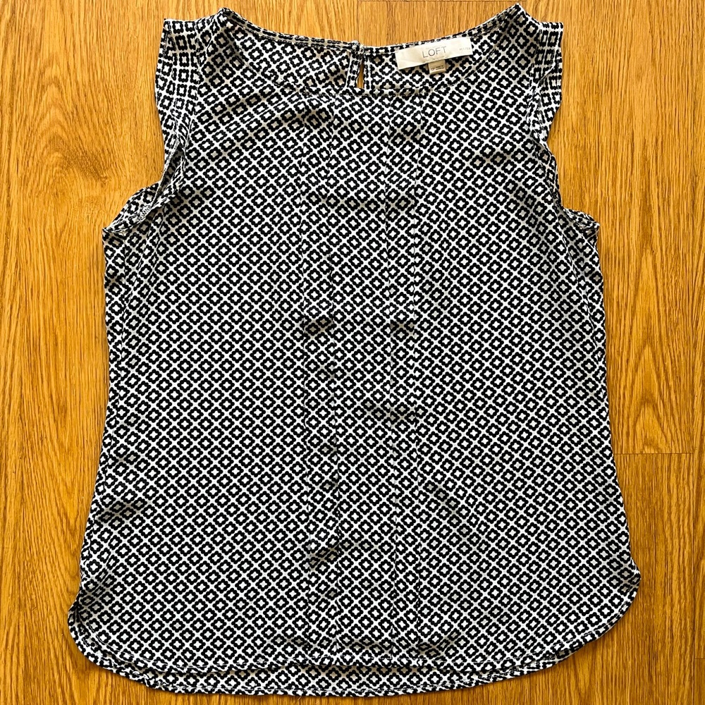 Ann Taylor LOFT Top - Geometric Print, Sleeveless Ruffle, Tank Top Blouse